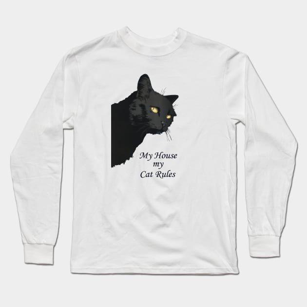 Black Cat: My House My Cat Rules Long Sleeve T-Shirt by TooplesArt